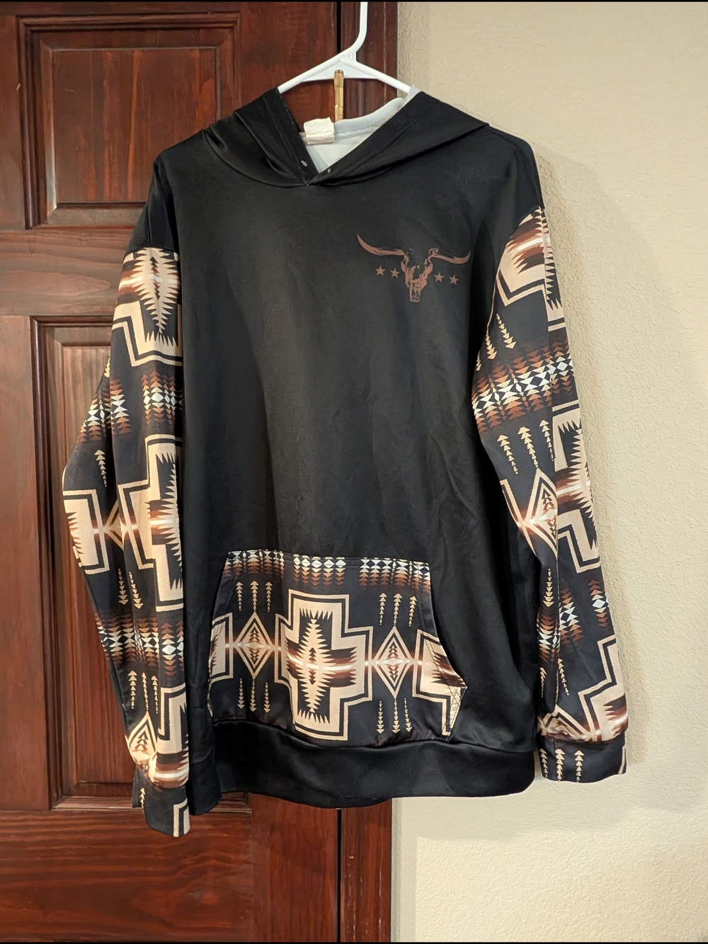 Black Southwestern Print Hoodie with Longhorn Accent